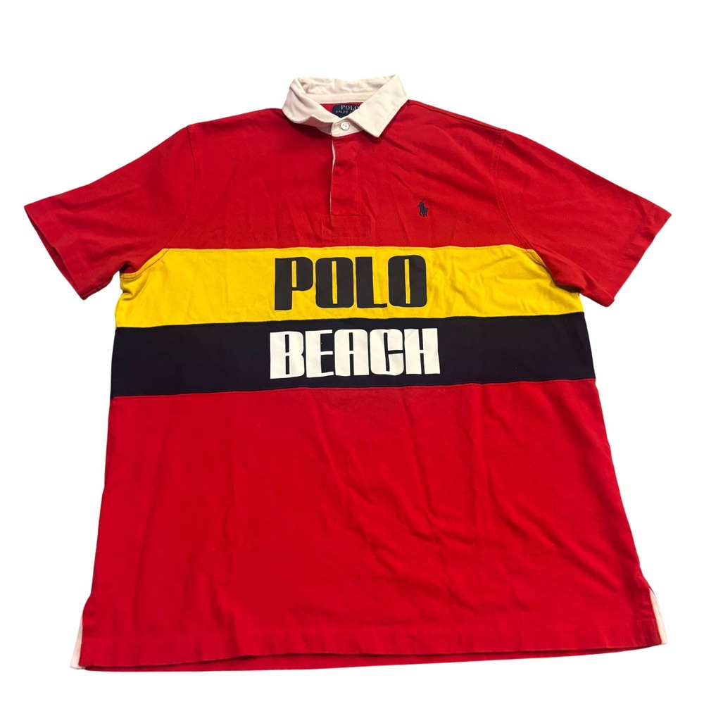 Polo Ralph Lauren Mens Classic Fit Polo Beach Rugby Shirt Red Yellow Large